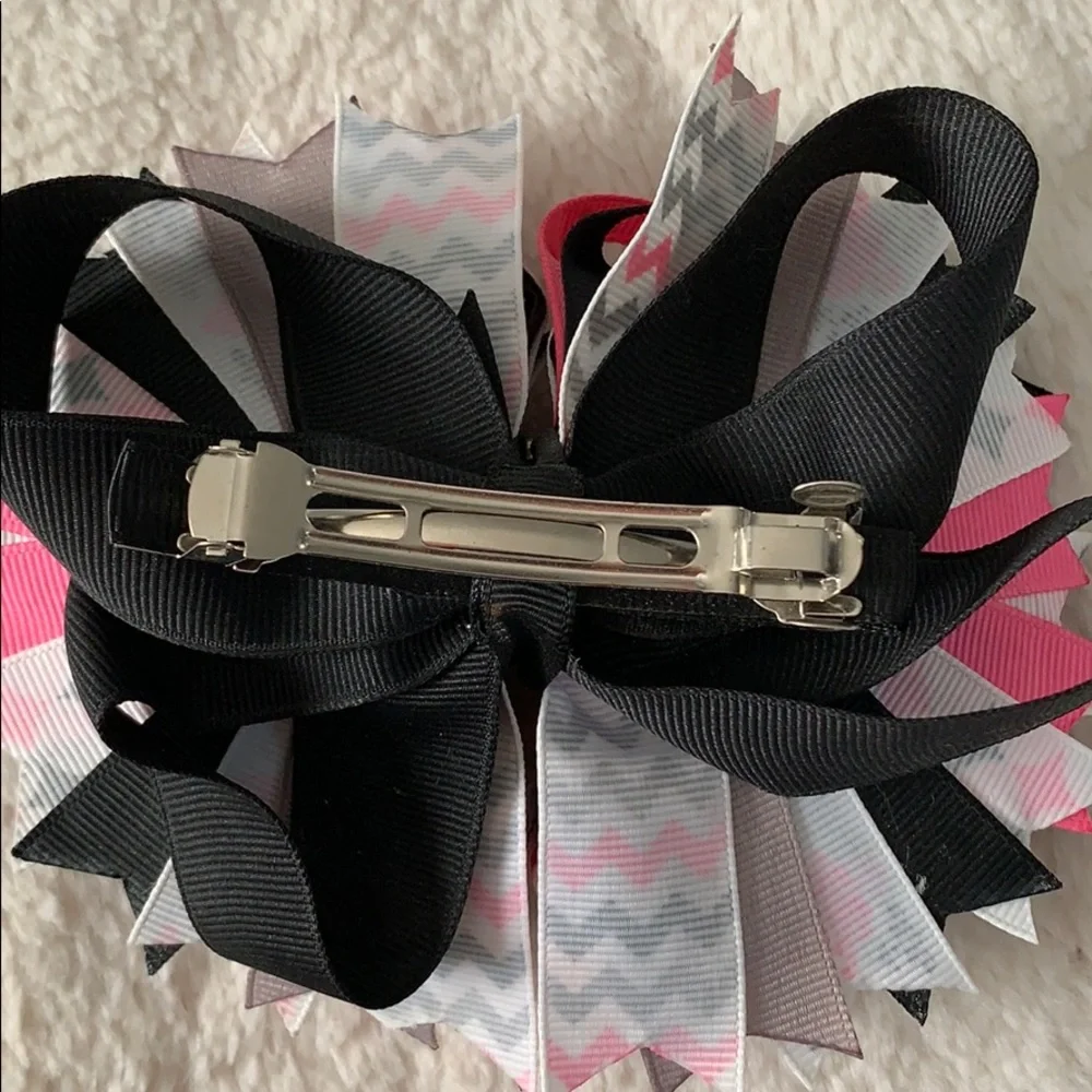 OTT Black & Pink Hair Bow snap clip rhinestones